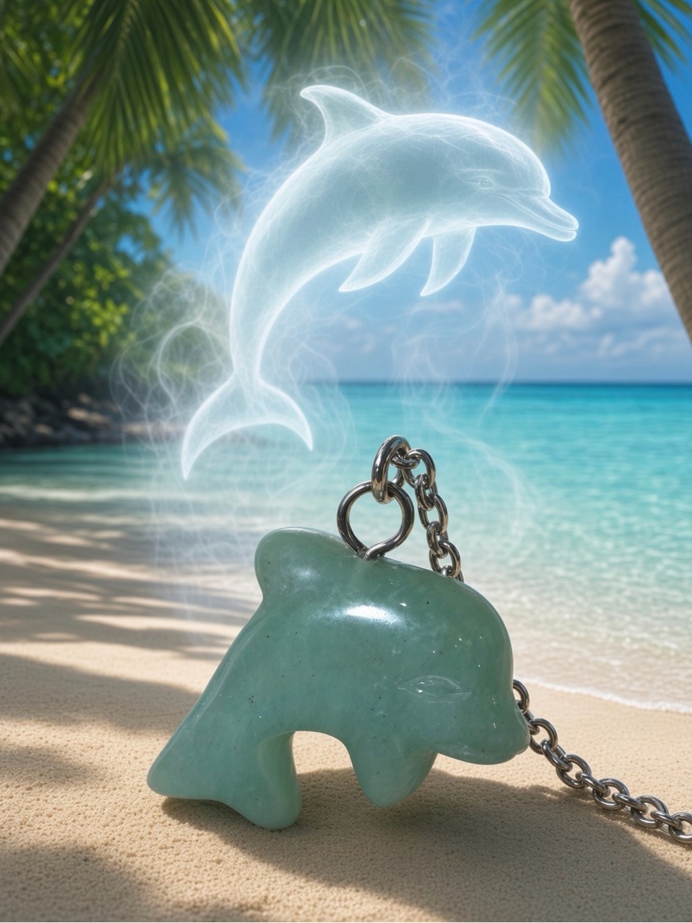 Green Aventurine Dolphin Hand-Carved Pendant Necklace Long